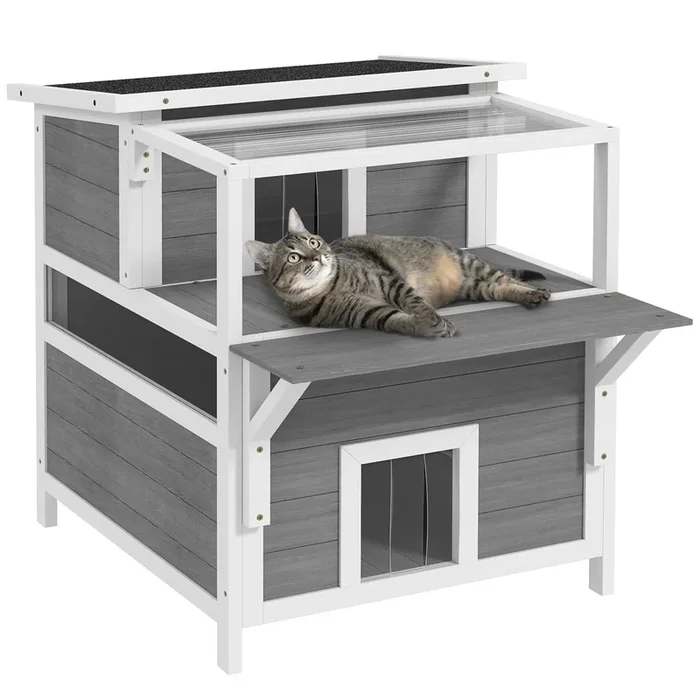 PawHut Caseta para Gatos de Madera 64x87x76 cm Casa para Gatos de 2 Niveles Refugio para Gatos con Techo Asfáltico Ventana y Puerta con Cortina para Interior y Exterior Gris Claro