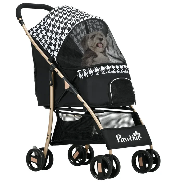 PawHut Cochecito para Perros Plegable Carrito para Mascotas con 2 Puertas Ventana de Malla Cesta de Almacenamiento Cuerda de Seguridad y Cojín Carga 15 kg 80×44,5×97 cm Negro