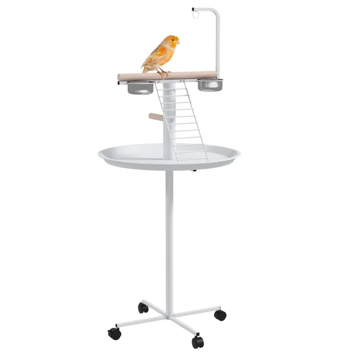PawHut Comedero de Pájaros para Exterior con Ruedas Ø60×138 cm Comedero para Pájaros de Pie con 2 Cuenco de Acero Inoxidable y 2 Perchas para Jardín Terraza Blanco