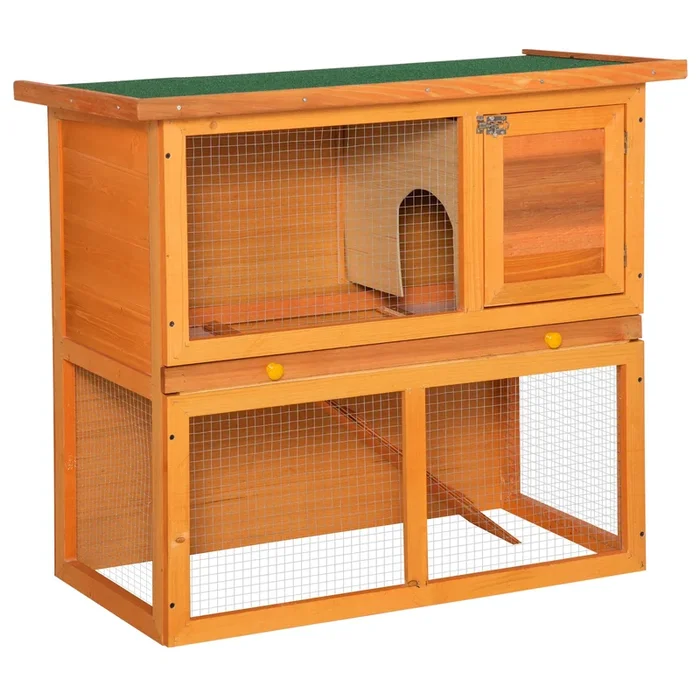 PawHut Conejera de Madera 90x45x80 cm Jaula para Conejos Jaula para Cobaya con Corral de Metal Techo Asfáltico Bandeja Extraíble y Rampa para Exterior Natural