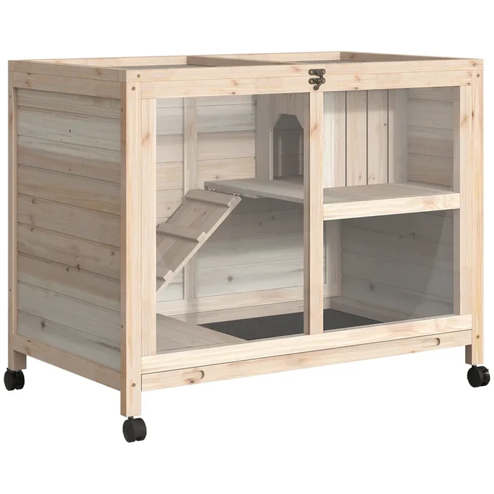 PawHut Conejera de Madera con Ruedas 91,5×53,3×73 cm Jaula para Conejos de 2 Niveles con Techo Abatible Bandeja Extraíble y Rampa Natural