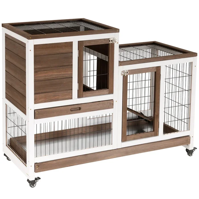 PawHut Conejera de Madera de 2 Niveles Jaula para Conejos con Ruedas Puertas Zona Abierta Rampa y 2 Bandejas Extraíbles Conejera para Interior 110x50x88 cm Marrón