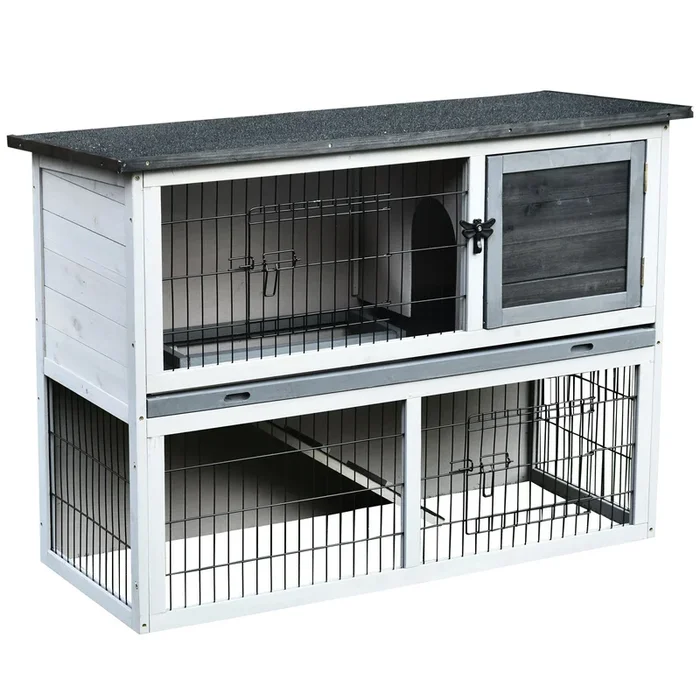 PawHut Conejera de Madera Exterior Jaula para Conejos de 2 Pisos Rampa Bandeja Extraíble y 2 Puertas 108x45x78 cm Gris
