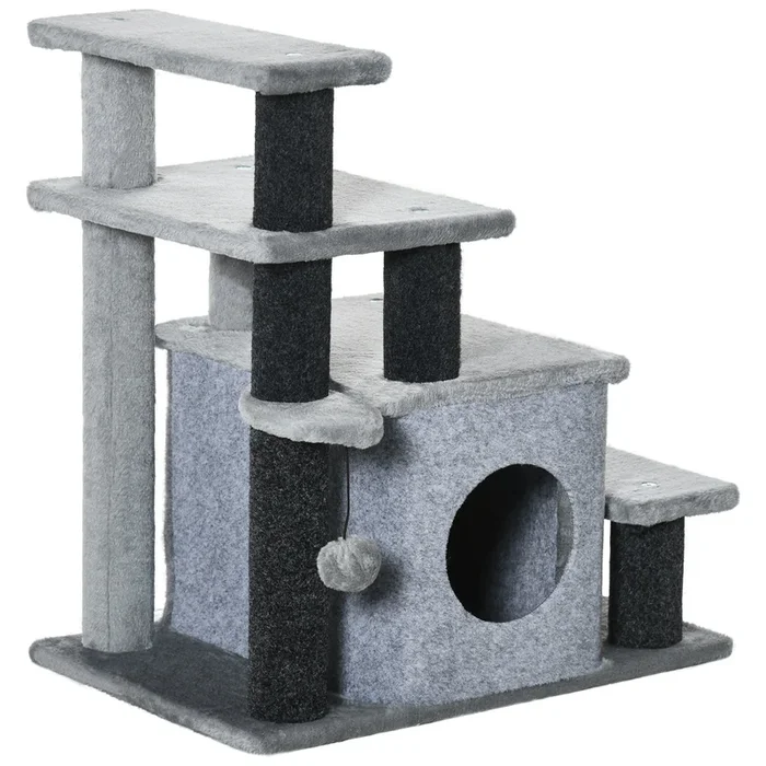 PawHut Escalera para Gatos de 4 Peldaños Escalón para Mascotas con Altura Ajustable Caseta Bola Colgante y Postes para Cama Sofá Carga 10 kg 60x40x66 cm Gris