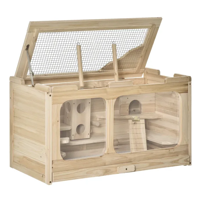 PawHut Jaula de Madera para Hámster Ratones Casa de Roedores con 2 Escondites Techo Abatible Bandeja Extraíble Múltiples Plataformas Rampa y Columpios 78x40x44 cm Natural