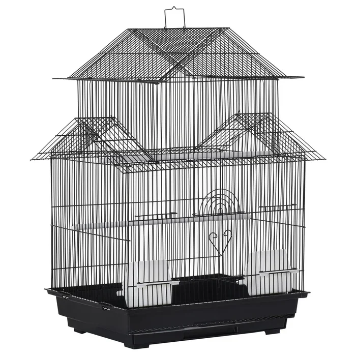 PawHut Jaula para Pájaros de Metal Pajarera con Bandeja Extraíble para Canarios 2 Comederos y Perchas Pinzones Periquitos 51x40x67 cm Negro