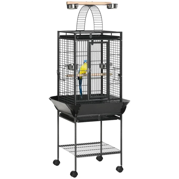 PawHut Jaula para Pájaros Jaula para Loros con Ruedas Perchas Comederos Estante Puente Arqueado y Bandejas Extraíbles Pajarera para Cacatúa Ninfa Cacatúas Cotorras 62,5×62,5×156 cm Gris