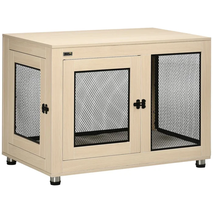 PawHut Jaula para Perros Grandes Estilo Mueble Casa para Perros 94x60x71,5 cm Mesa Auxiliar con 2 Puertas de Pestillo Cojín de Tela Oxford y Rejillas de Acero Roble