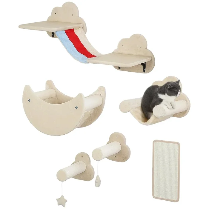 PawHut Juego de Pared de Escalada para Gatos de 6 Piezas Tema Cielo Estanterías para Gatos con Hamacas Plataformas Escaleras Tabla Rascador Poste de Sisal Estrellas de Juguete Beige