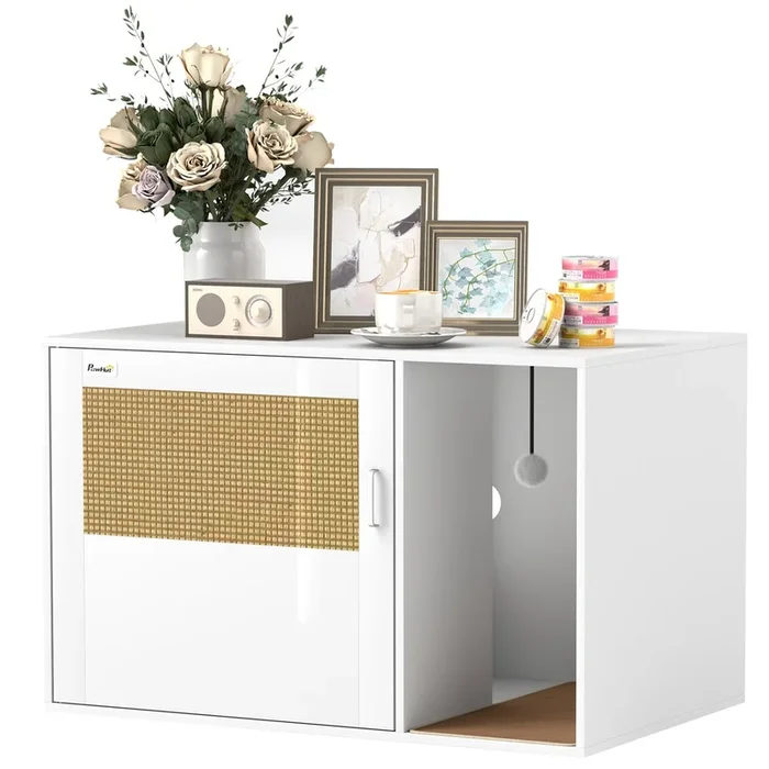 PawHut Mueble Arenero para Gatos, Caja de Arena para Gatos con Almohadilla para Rascar y Puerta de Ratán, Mesa Auxiliar para Salón, Dormitorio, 80x50x50 cm, Blanco