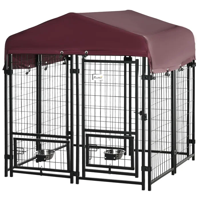 PawHut Perrera de Exterior con Toldo de Tela Oxford Parque para Perros 8 Vallas de Acero con 2 Comederos Giratorios Puerta y Cerradura Jaula para Perros de Jardín 120x120x138 cm Negro