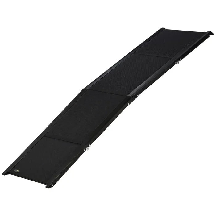 PawHut Rampa Plegable para Perros de Aluminio Rampa para Mascotas para Coche con Superficie Antideslizante Asa y Gancho Carga 60 kg 158×43,5×2,5 cm Negro