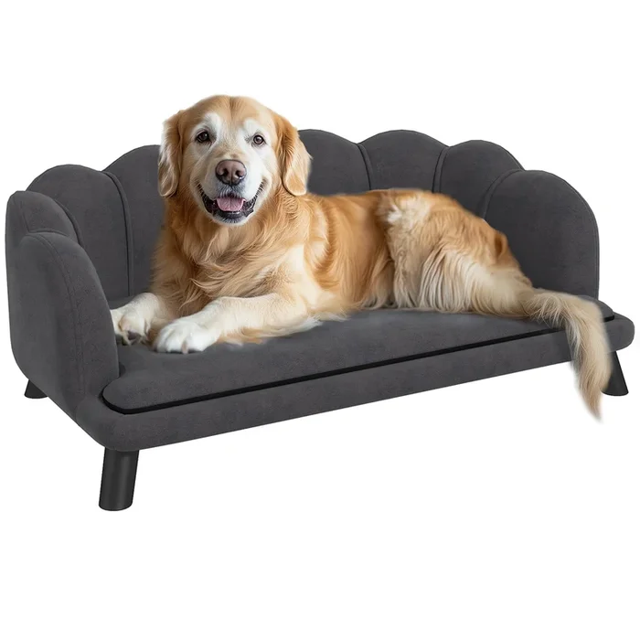 PawHut Sofá para Perros Medianos Sofá Cama para Mascotas Gatos Tapizado en Terciopelo con Patas de Madera Carga 25 kg 98,5×60,5×35,5 cm Gris Oscuro
