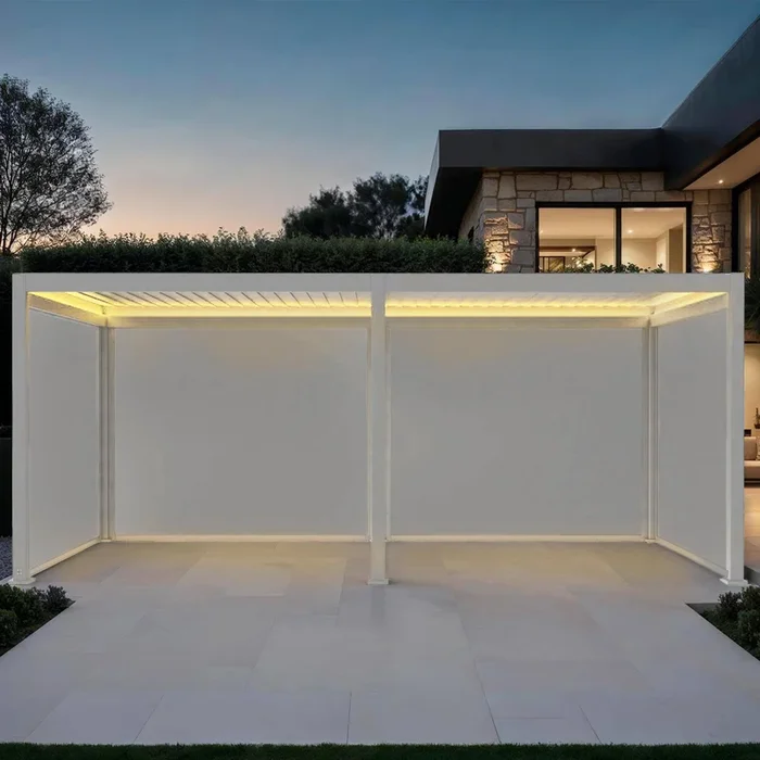 Pérgola bioclimática 3x6m eléctrica de aluminio con LED + 4 toldos de 3m
