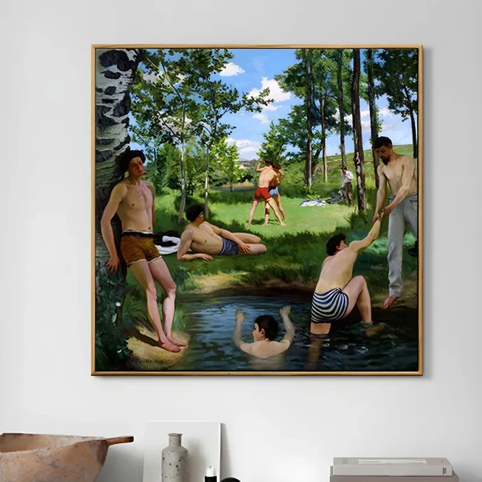 Pintura de niños cerca del río verde, decoración de pared tradicional para dormitorio (varios tamaños) – Verde 50 cm x 50 cm