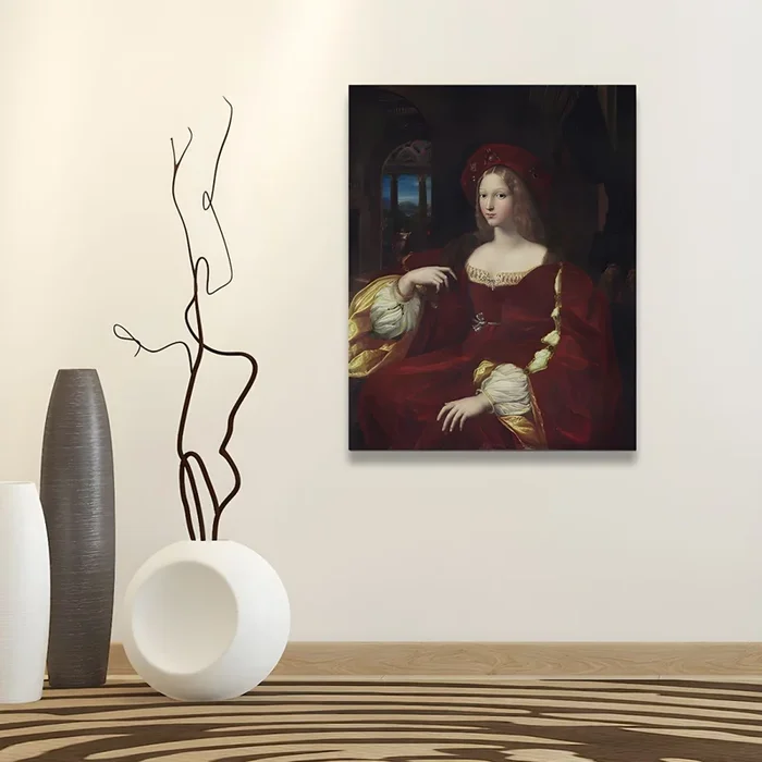 Pintura de retrato de noble mujer en estilo retro texturizado para decoración de pared en casa en color oscuro – Rojo 50 cm x 60 cm