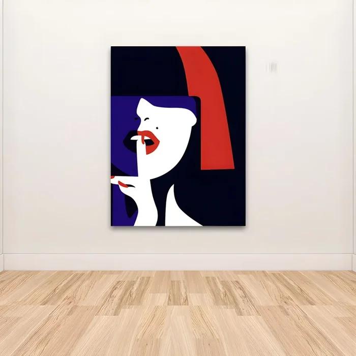 Pintura de una mujer victoriana con lápiz labial rojo en lienzo negro texturizado para salón – Negro 40 cm x 60 cm Estilo 2