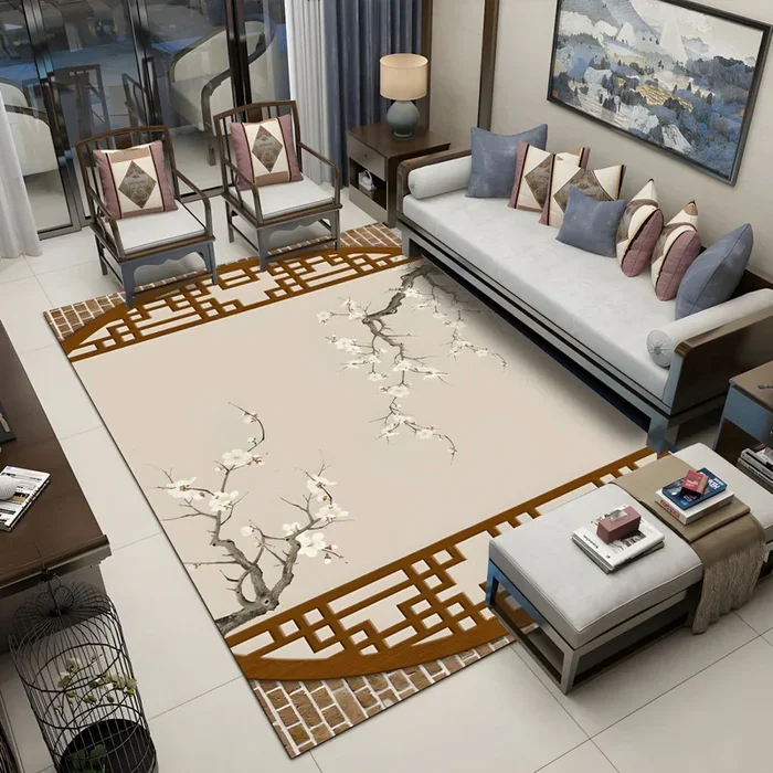 Poliéster Alfombra Multicolor Asiática Tapiz Lavable con Diseño de Flor Oriental para Habitación – Café 120 x 160 cm