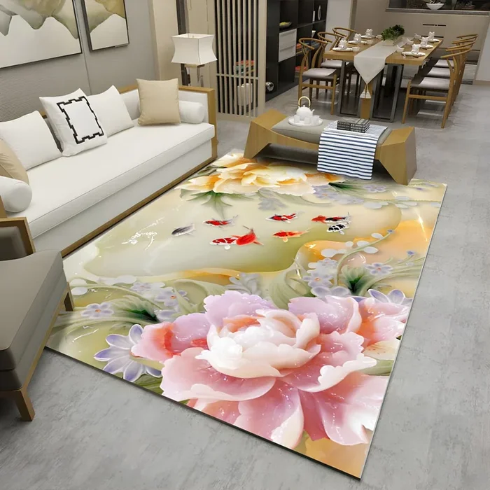 Poliéster Alfombra Multicolor Asiática Tapiz Lavable con Diseño de Flor Oriental para Habitación – Amarillo 140 x 200 cm