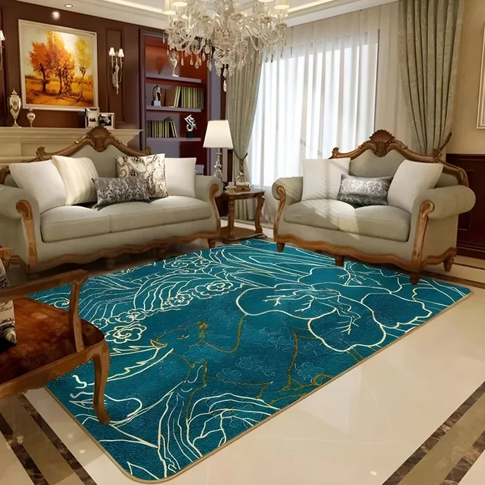 Polipropileno Alfombra Asiática con Dibujo de Plantas Tapete Lavable Multicolor para Salón – Aguamarina 120 x 160 cm