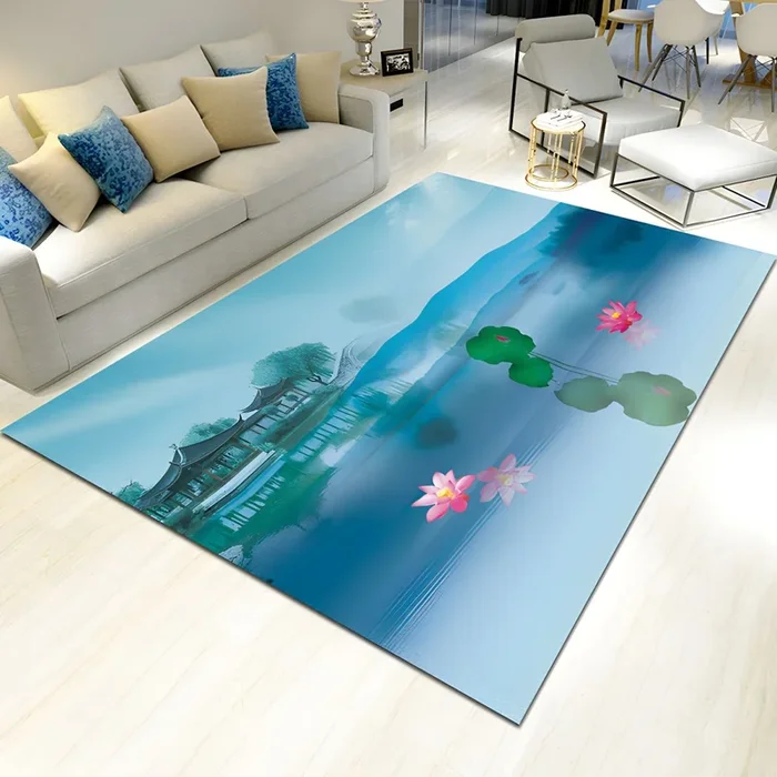 Polipropileno Alfombra Asiática con Dibujo de Plantas Tapete Lavable Multicolor para Salón – Azul Agua 200 x 300 cm