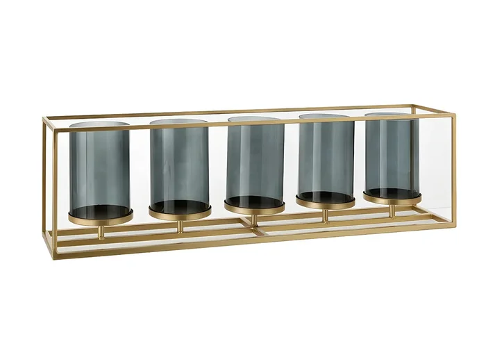 Portavelas 5 partes rectangular bajo metal/cristal oro Alt. 20 cm