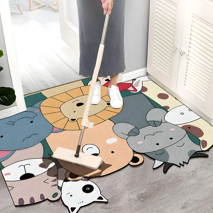PVC Alfombra de Área con Patrón de Animales Tapiz Multicolor Antideslizante Tapete Irregular Infantil para Entrada