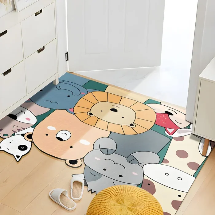 PVC Alfombra de Área con Patrón de Animales Tapiz Multicolor Antideslizante Tapete Irregular Infantil para Entrada – Amarillo 80 x 120 cm