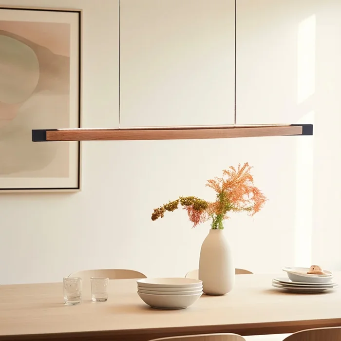 Quitani Lámpara colgante LED Kiera, roble/negro, 98 cm