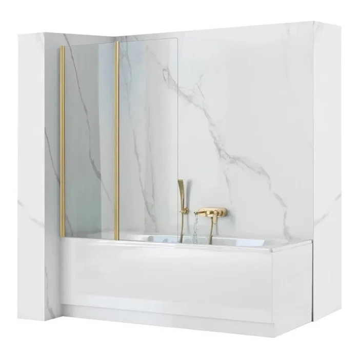 REA-K9777 – Mampara plegable para bañera AGAT 140×100 cm, acabado oro cepillado/cristal transparente
