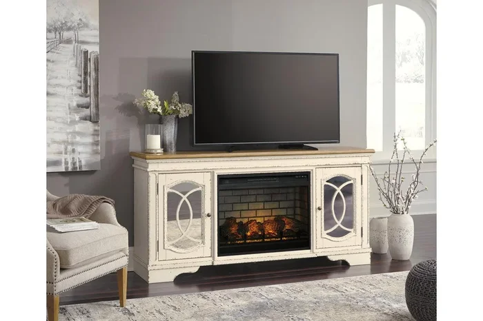 Realyn Chipped White 74″ TV Stand with Electric Fireplace