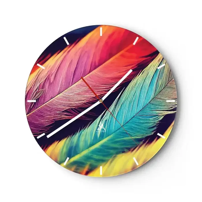 Reloj de pared – Reloj de vidrio – Arco iris plumoso – 40×40 cm