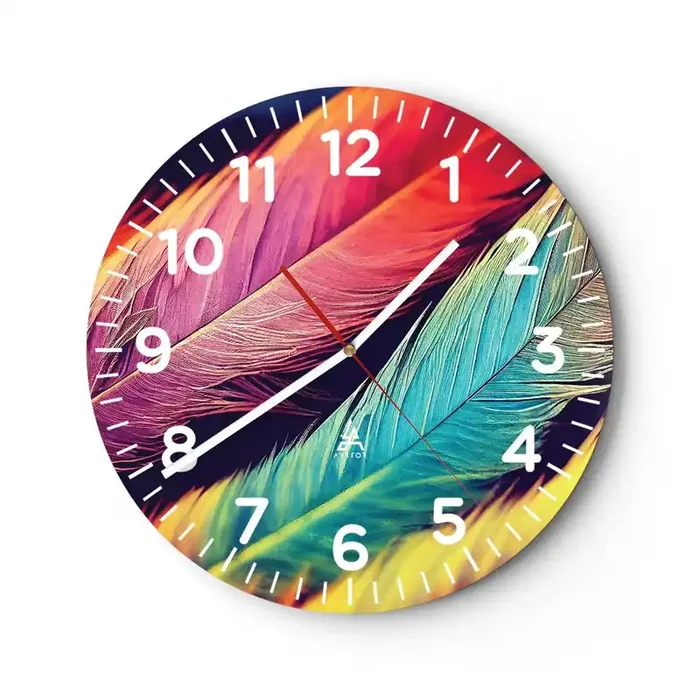 Reloj de pared – Reloj de vidrio – Arco iris plumoso – 40×40 cm