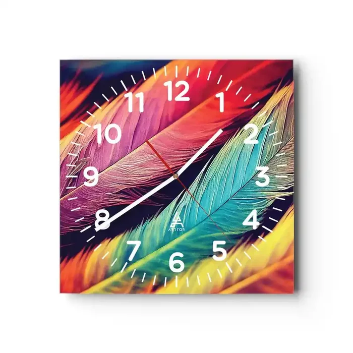 Reloj de pared – Reloj de vidrio – Arco iris plumoso – 40×40 cm
