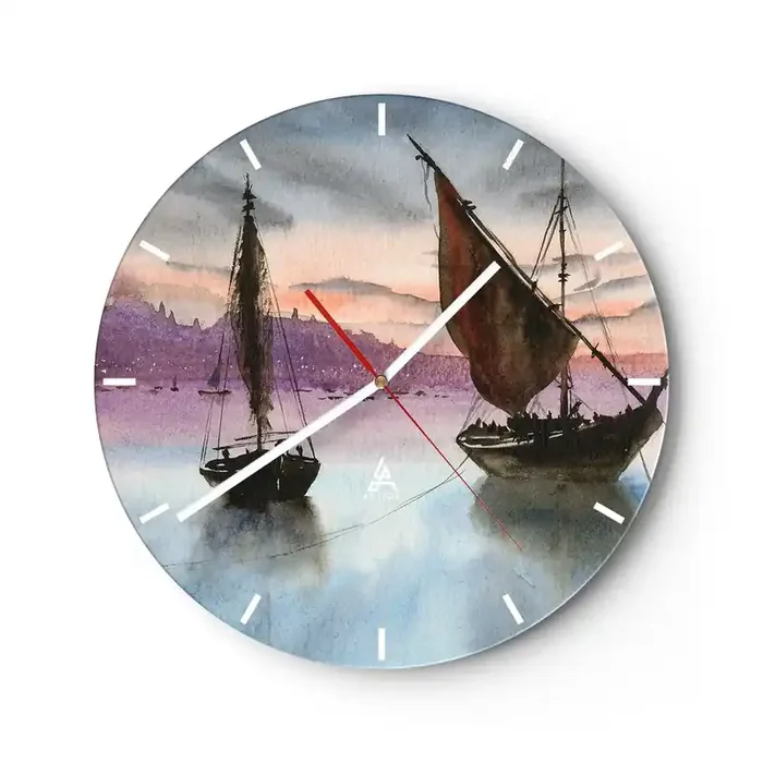 Reloj de pared – Reloj de vidrio – Atardecer en el puerto – 40×40 cm