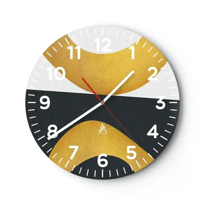 Reloj de pared – Reloj de vidrio – Blanco, negro, dorado – 30×30 cm