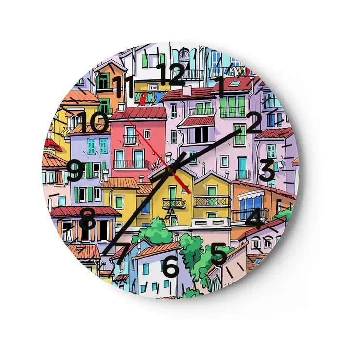 Reloj de pared – Reloj de vidrio – Ciudad alegre – 40×40 cm