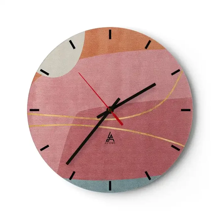 Reloj de pared – Reloj de vidrio – Composición en pastel con hilos de oro – 40×40 cm