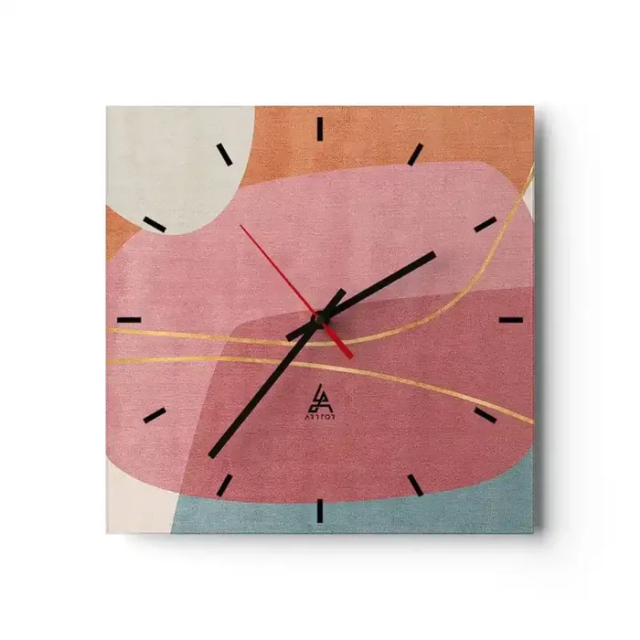 Reloj de pared – Reloj de vidrio – Composición en pastel con hilos de oro – 40×40 cm