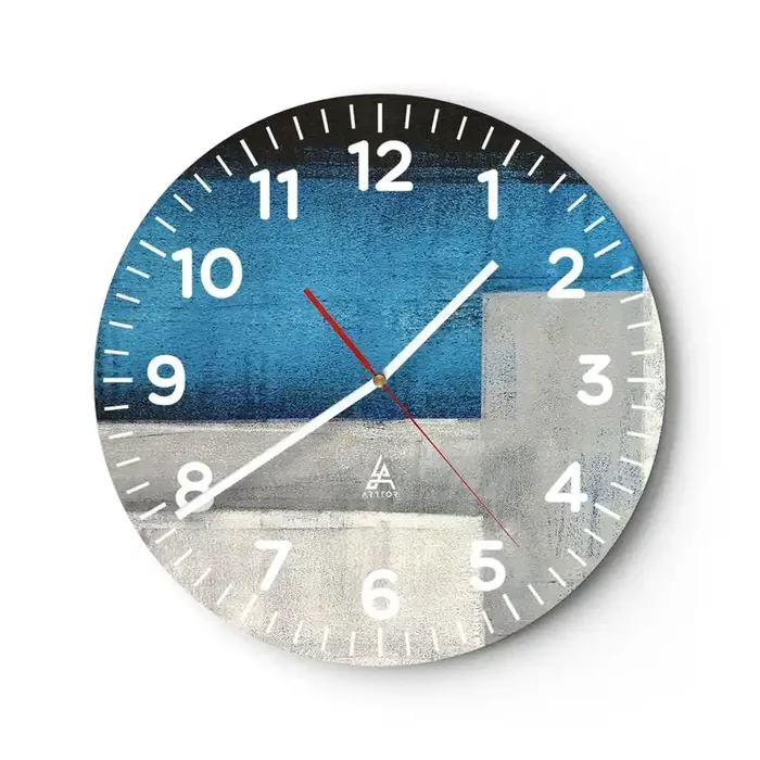 Reloj de pared – Reloj de vidrio – Composición poética de gris y azul – 30×30 cm