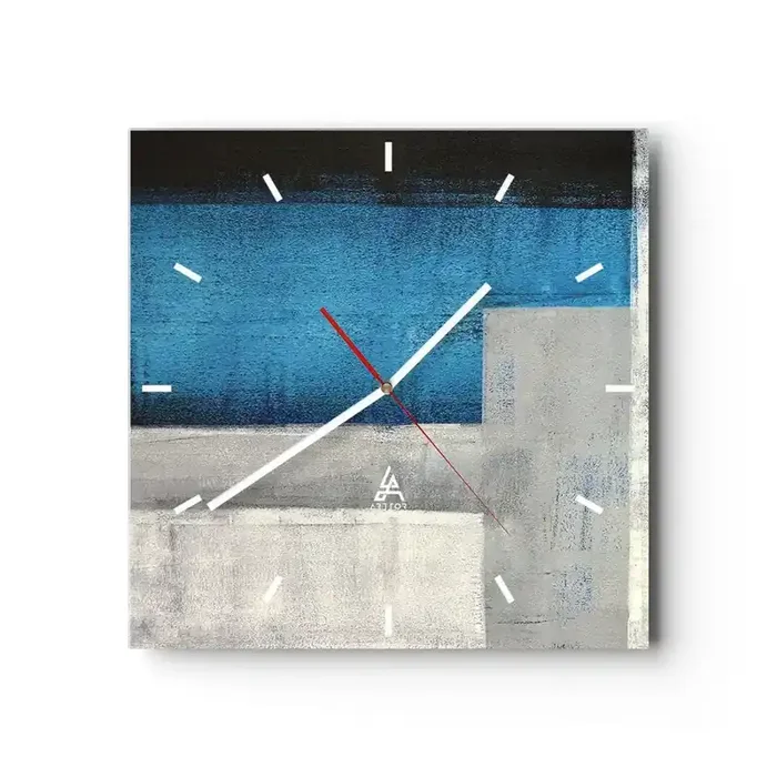 Reloj de pared – Reloj de vidrio – Composición poética de gris y azul – 40×40 cm