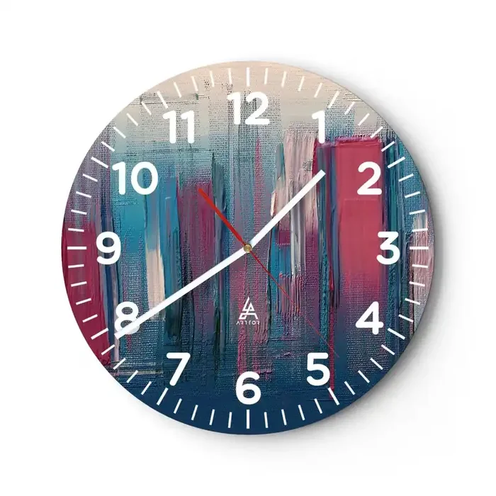 Reloj de pared – Reloj de vidrio – Composición vertical en azul y rojo – 40×40 cm