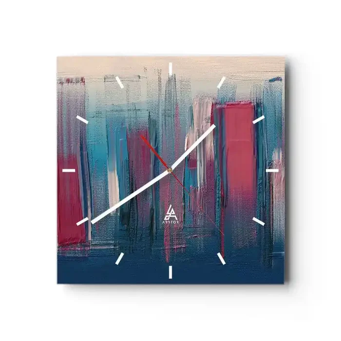 Reloj de pared – Reloj de vidrio – Composición vertical en azul y rojo – 40×40 cm