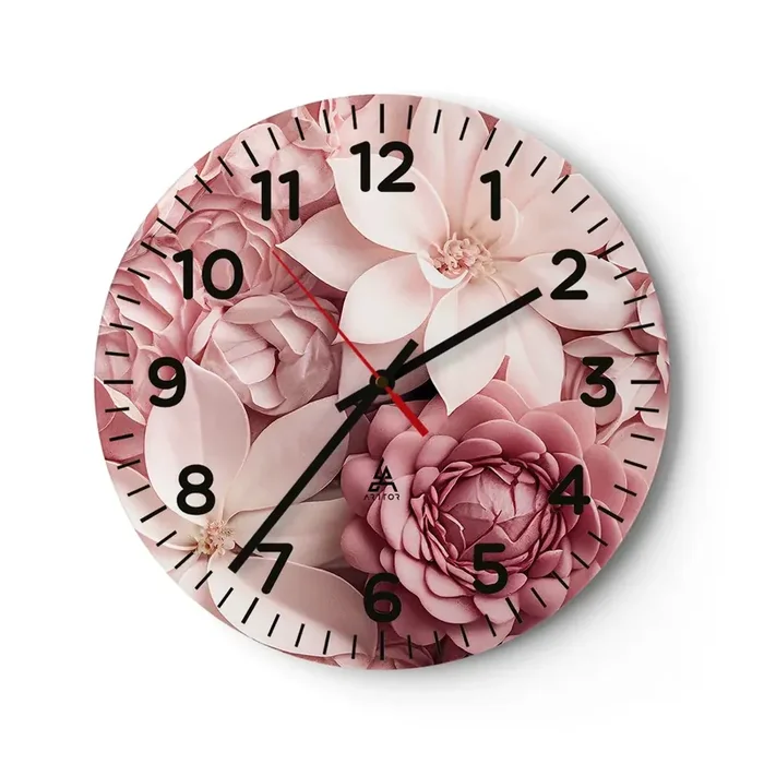 Reloj de pared – Reloj de vidrio – Entre pétalos rosas – 30×30 cm