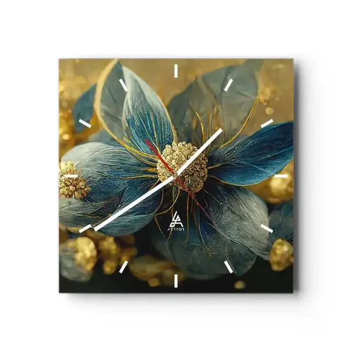 Reloj de pared – Reloj de vidrio – Flor de oro – 40×40 cm