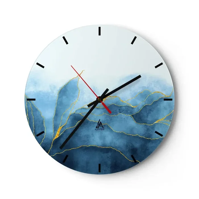 Reloj de pared – Reloj de vidrio – Oro y azul – 40×40 cm