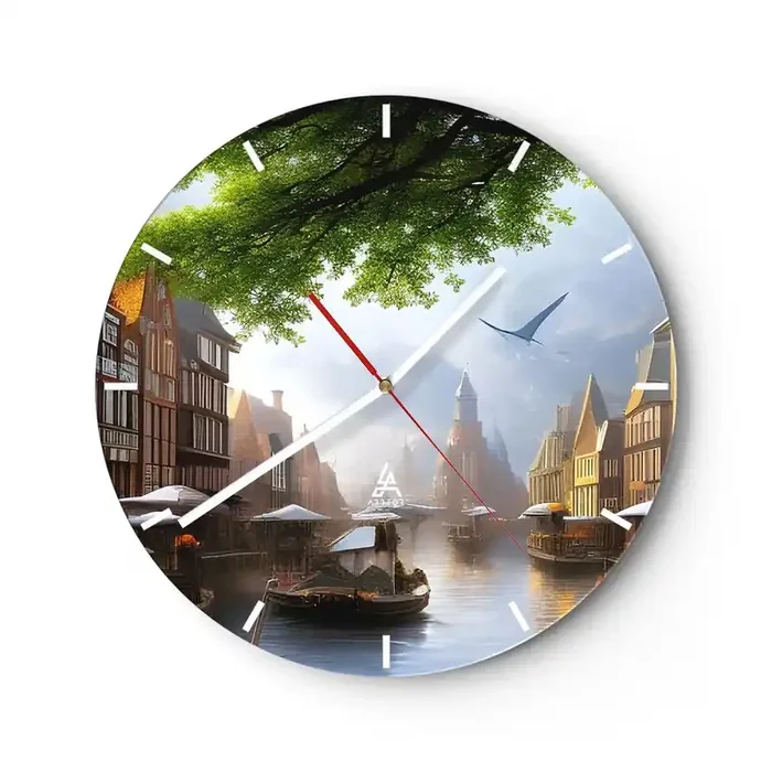 Reloj de pared – Reloj de vidrio – Paisaje urbano holandés – 40×40 cm