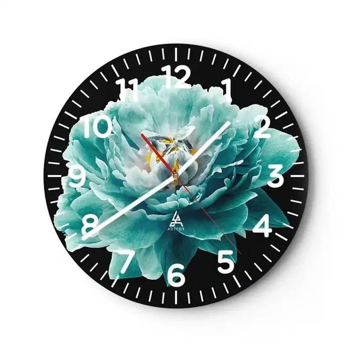 Reloj de pared – Reloj de vidrio – Pétalos azules y dorados – 30×30 cm