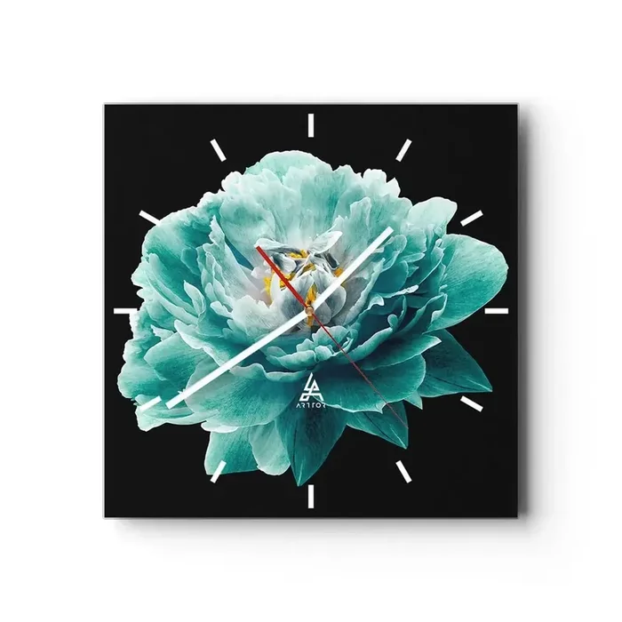 Reloj de pared – Reloj de vidrio – Pétalos azules y dorados – 40×40 cm