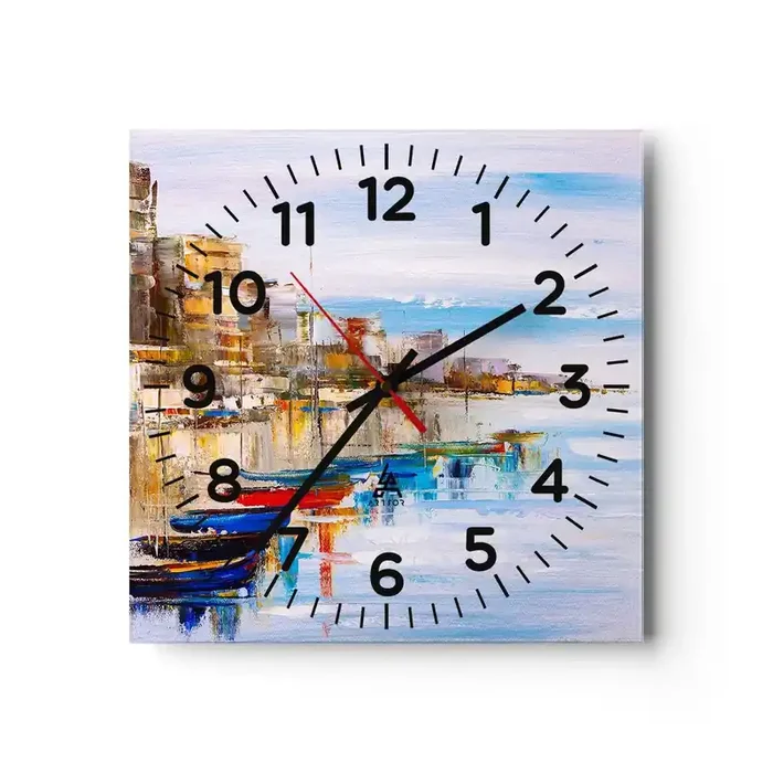 Reloj de pared – Reloj de vidrio – Puerto urbano multicolor – 40×40 cm